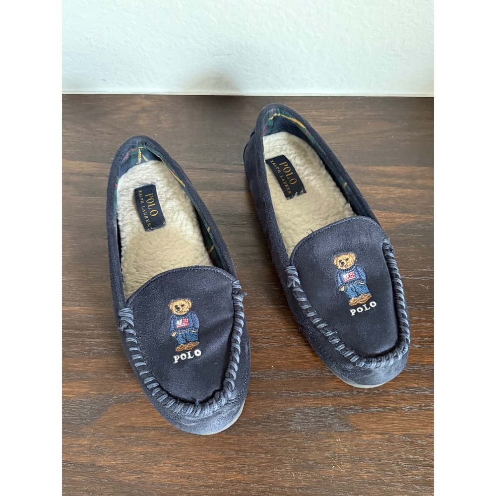 Polo Ralph Lauren Dezi V Bear Navy Blue Moccasin Slippers Mens 7